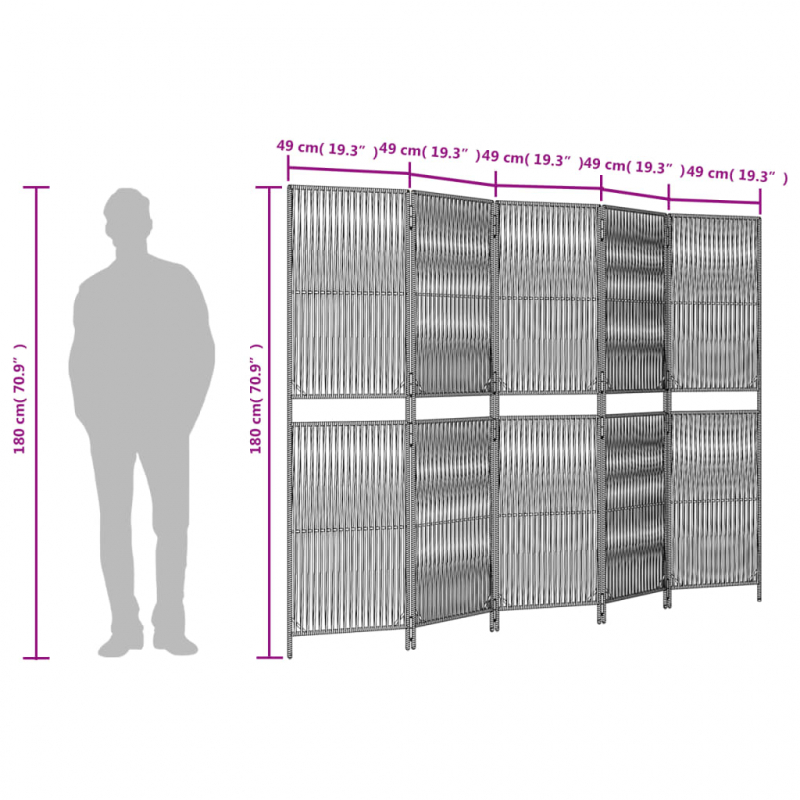 Paravent 5-tlg. Schwarz Poly Rattan