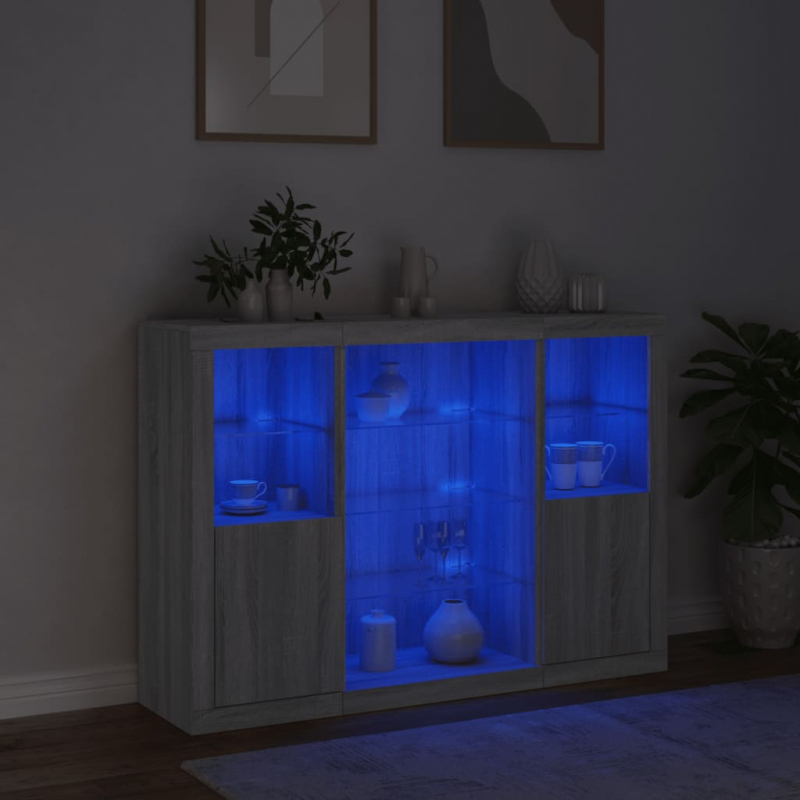 Sideboards mit LED-Leuchten 3 Stk. Grau Sonoma Holzwerkstoff