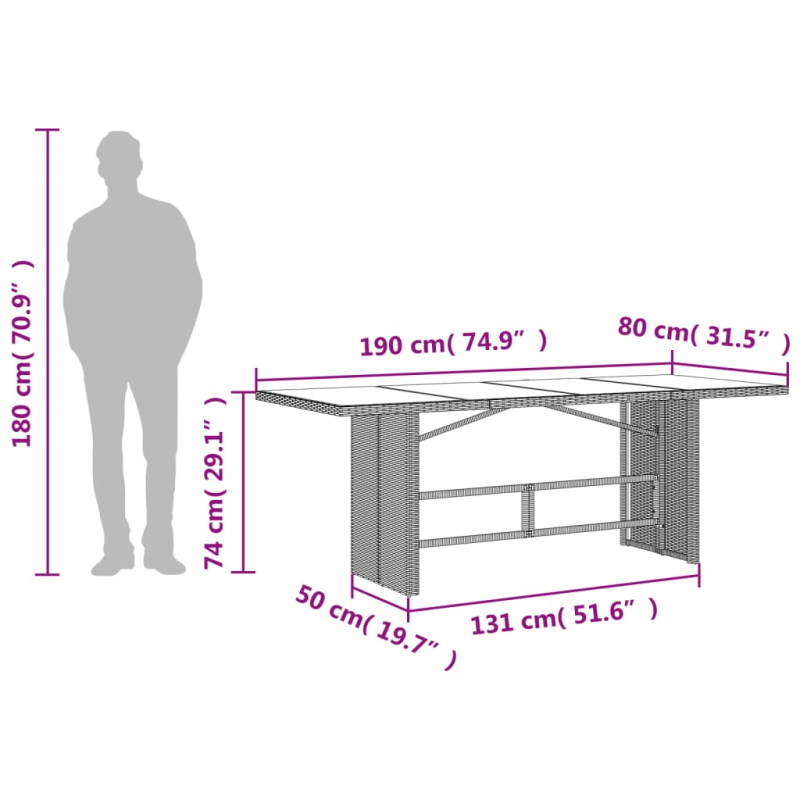 Gartentisch mit Glasplatte Schwarz 190x80x74 cm Poly Rattan