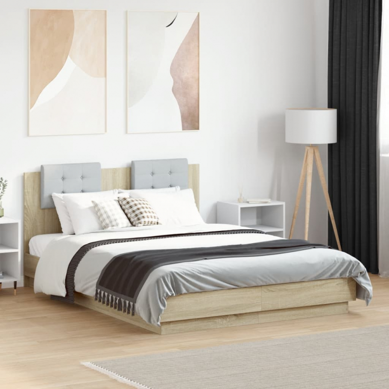 Bettgestell mit Kopfteil & LED-Leuchten Sonoma-Eiche 135x190cm