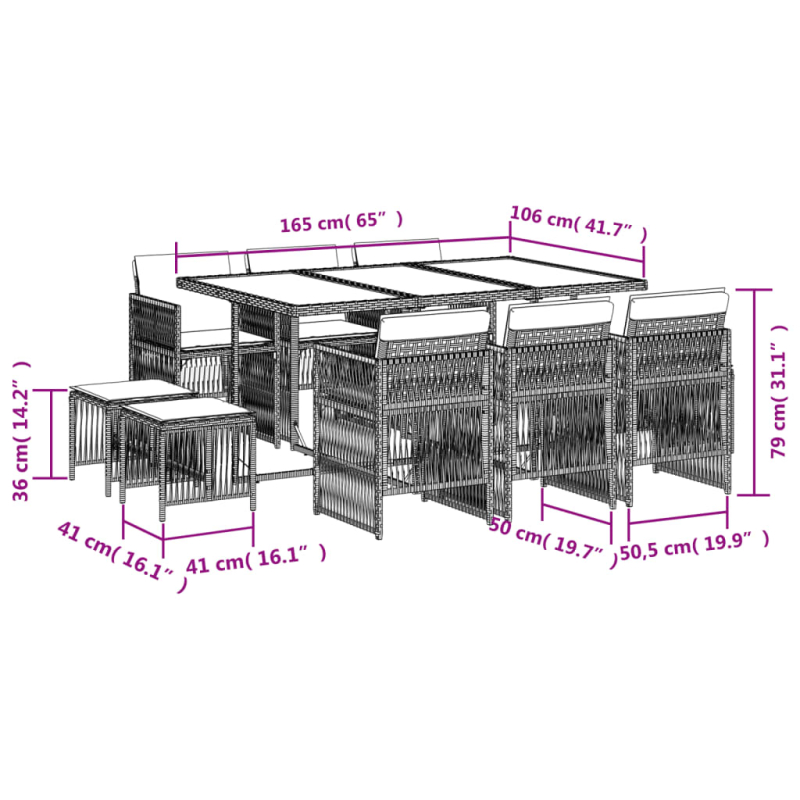 11-tlg. Garten-Essgruppe mit Kissen Grau Poly Rattan
