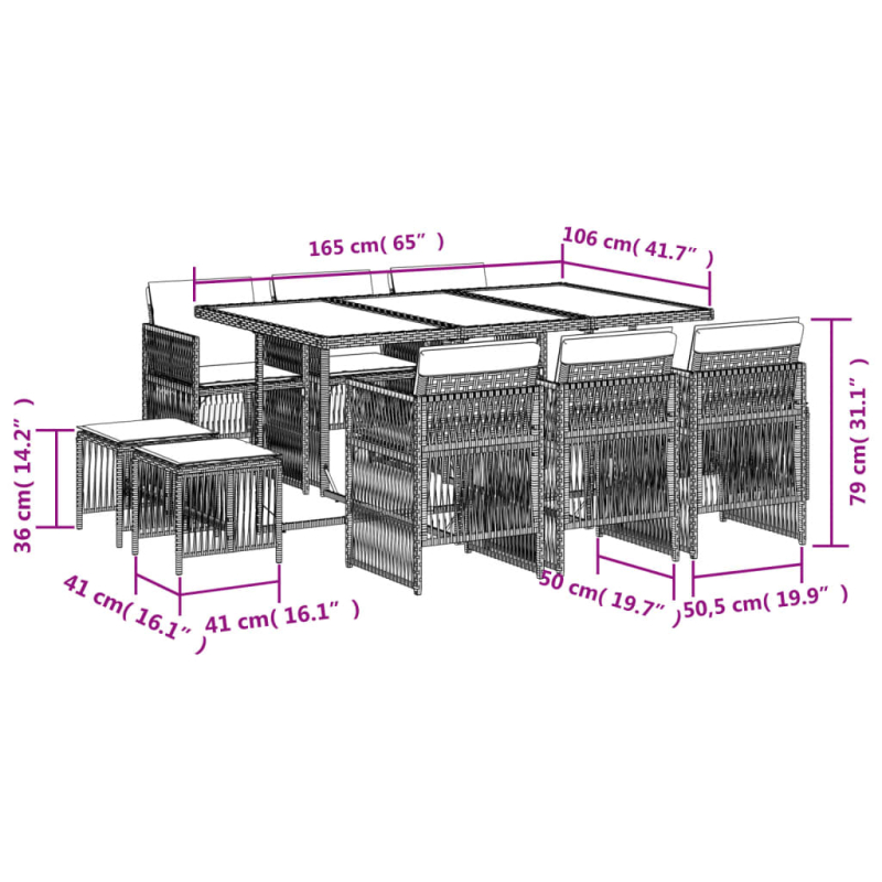 11-tlg. Garten-Essgruppe mit Kissen Schwarz Poly Rattan