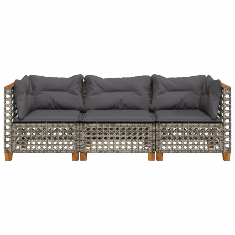 Gartensofa mit Kissen 3-Sitzer Grau Poly Rattan
