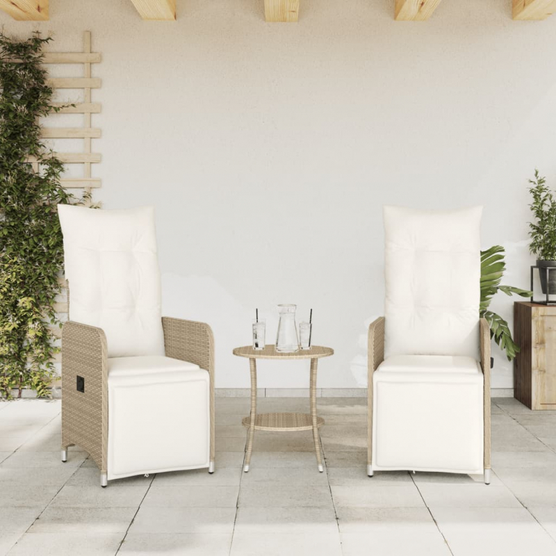 Gartensessel 2 Stk. Verstellbar mit Tisch Beige Poly Rattan