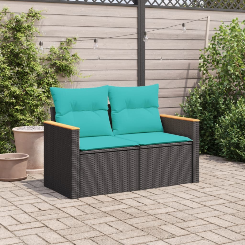 Gartensofa mit Kissen 2-Sitzer Schwarz Poly Rattan