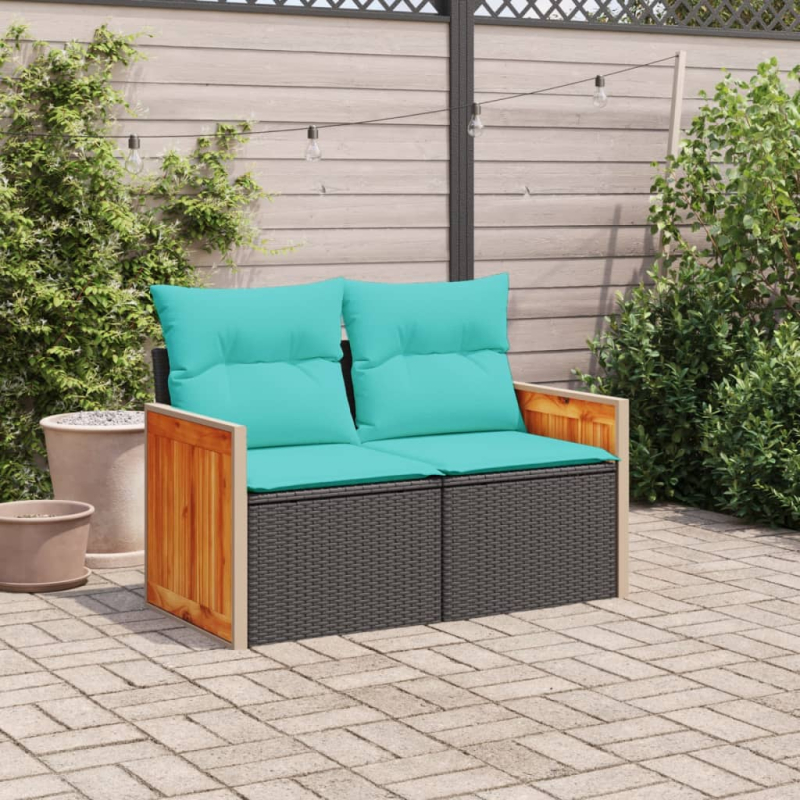 Gartensofa mit Kissen 2-Sitzer Schwarz Poly Rattan