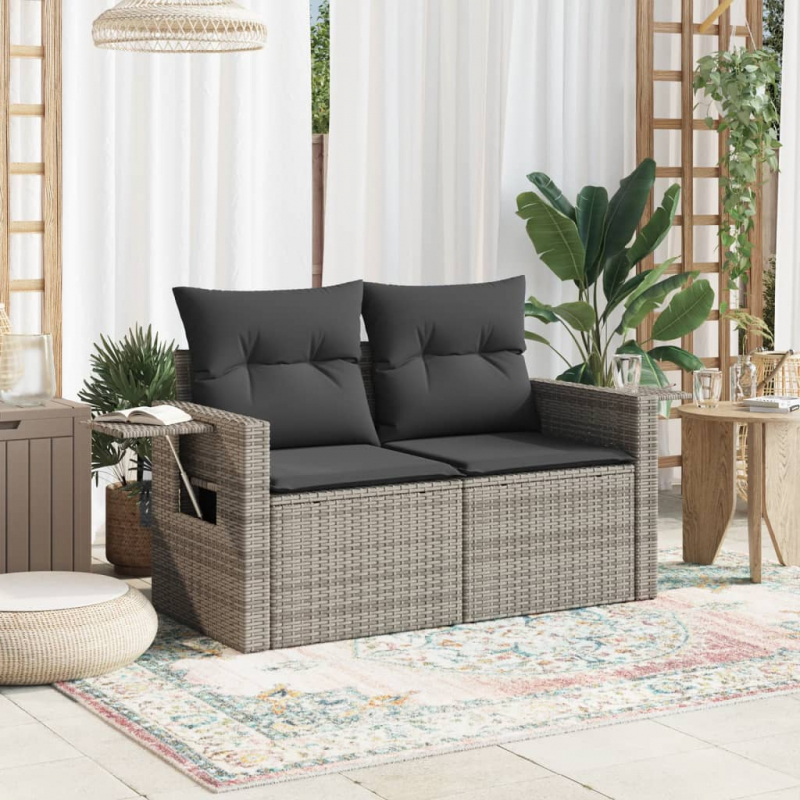 Gartensofa 2-Sitzer mit Kissen Grau Poly Rattan