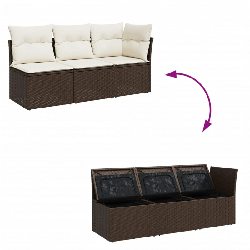 Gartensofa mit Kissen 3-Sitzer Braun Poly Rattan