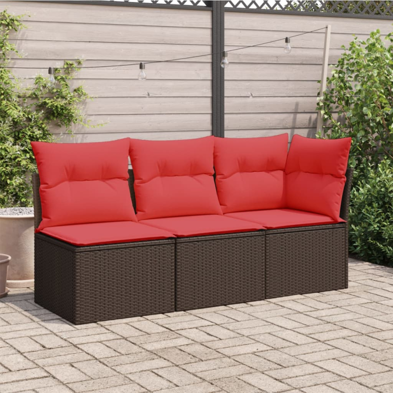 Gartensofa mit Kissen 3-Sitzer Braun Poly Rattan