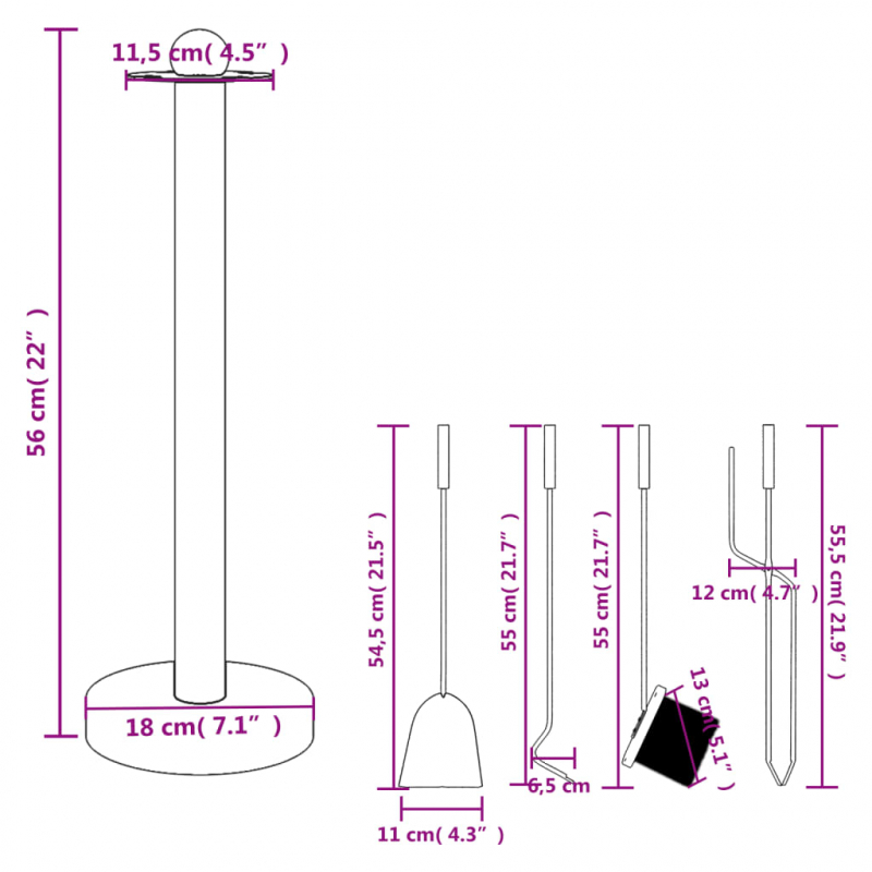 5-tlg. Kaminwerkzeug-Set 18x56 cm Stahl
