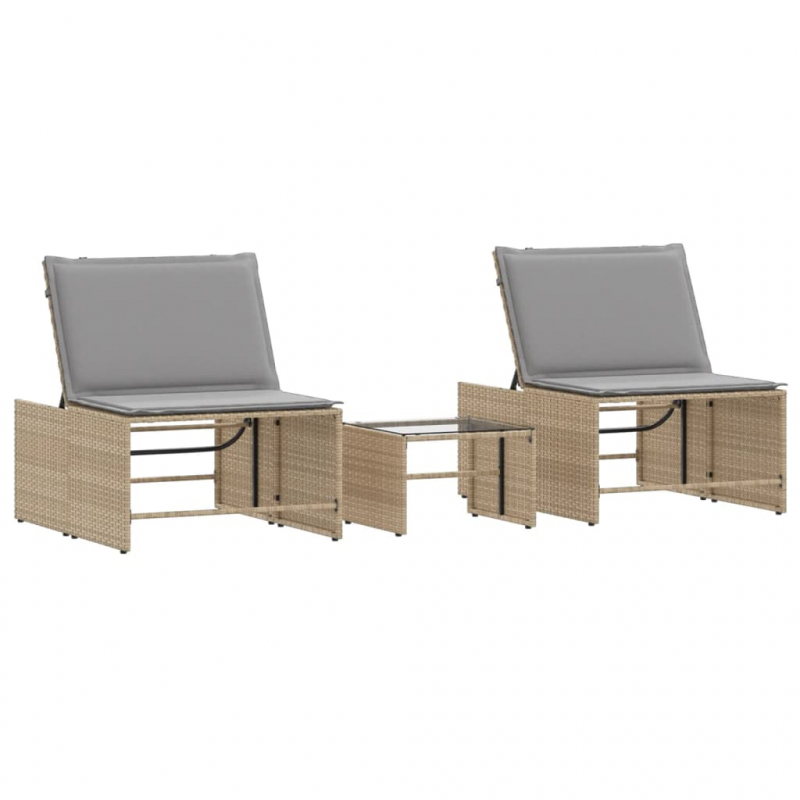 Sonnenliegen 2 Stk. mit Tisch Beige Poly Rattan