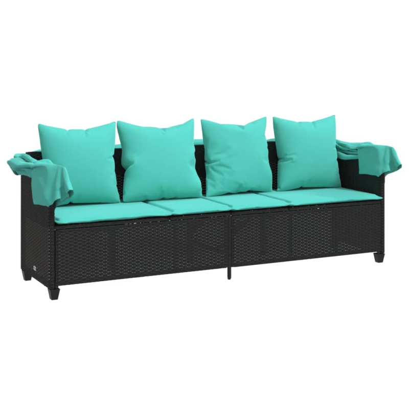 Sonnenliege mit Dach und Kissen Schwarz Poly Rattan