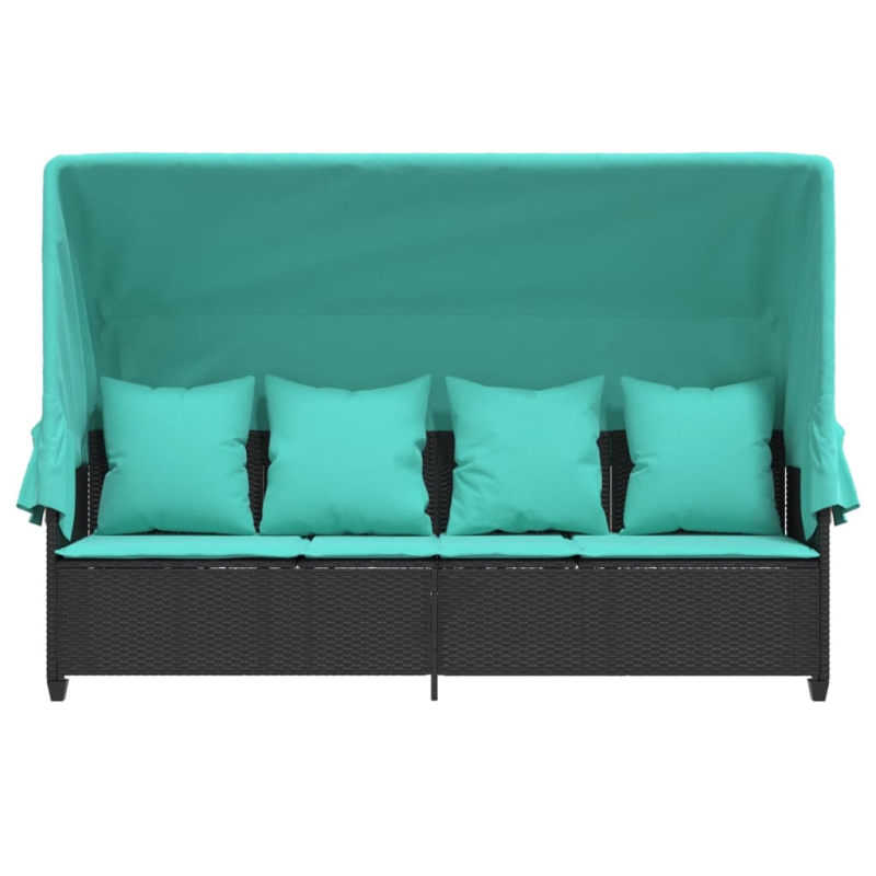 Sonnenliege mit Dach und Kissen Schwarz Poly Rattan