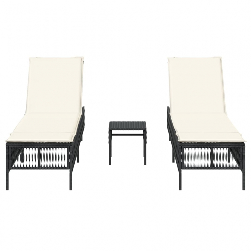 Sonnenliegen 2 Stk. mit Tisch Schwarz Poly Rattan