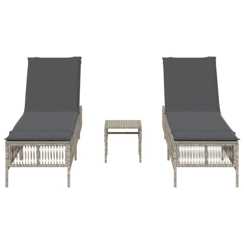 Sonnenliegen 2 Stk. mit Tisch Hellgrau Poly Rattan
