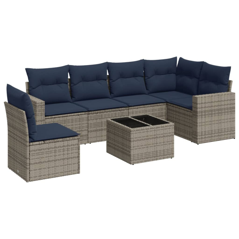 7-tlg. Garten-Sofagarnitur mit Kissen Grau Poly Rattan