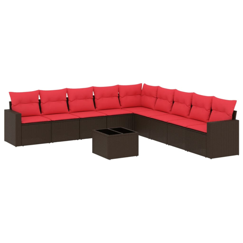 10-tlg. Garten-Sofagarnitur mit Kissen Braun Poly Rattan
