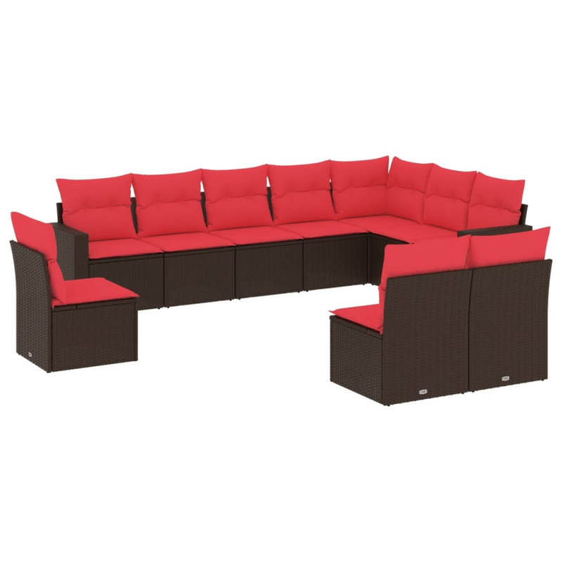 10-tlg. Garten-Sofagarnitur mit Kissen Braun Poly Rattan