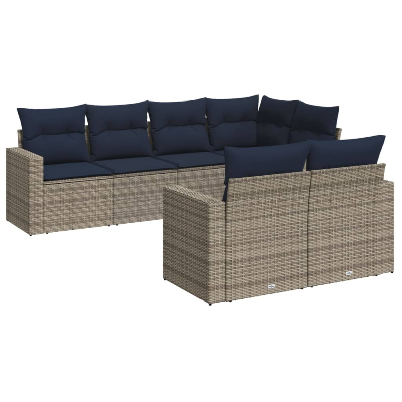 7-tlg. Garten-Sofagarnitur mit Kissen Grau Poly Rattan