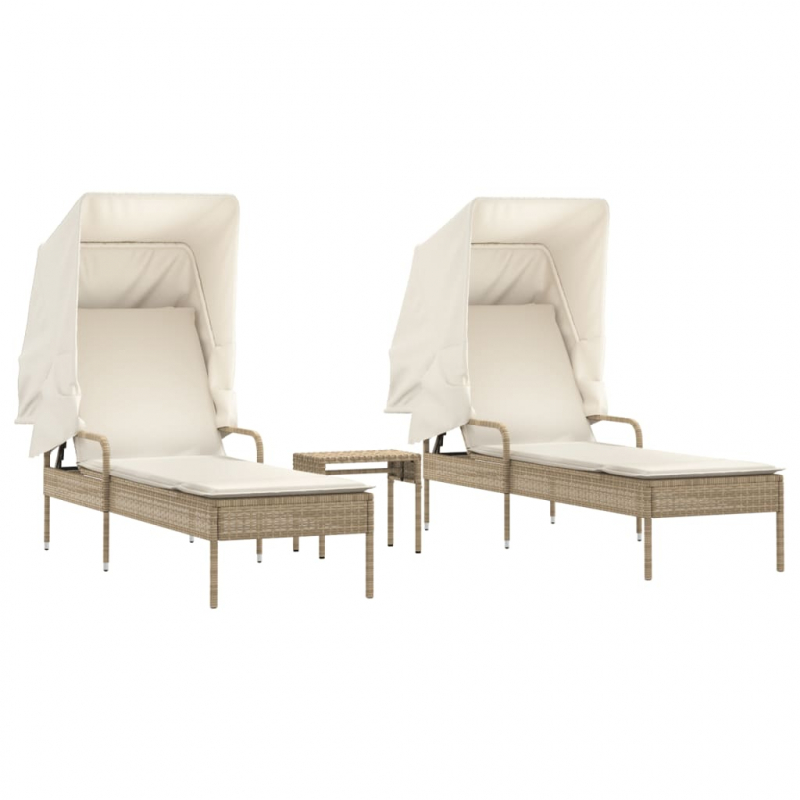 Sonnenliegen 2 Stk. mit Dach und Tisch Beige Poly Rattan