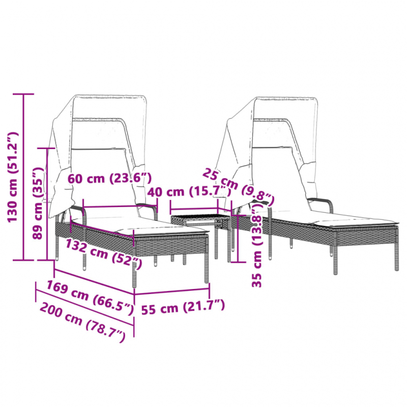Sonnenliegen 2 Stk. mit Dach und Tisch Hellgrau Poly Rattan