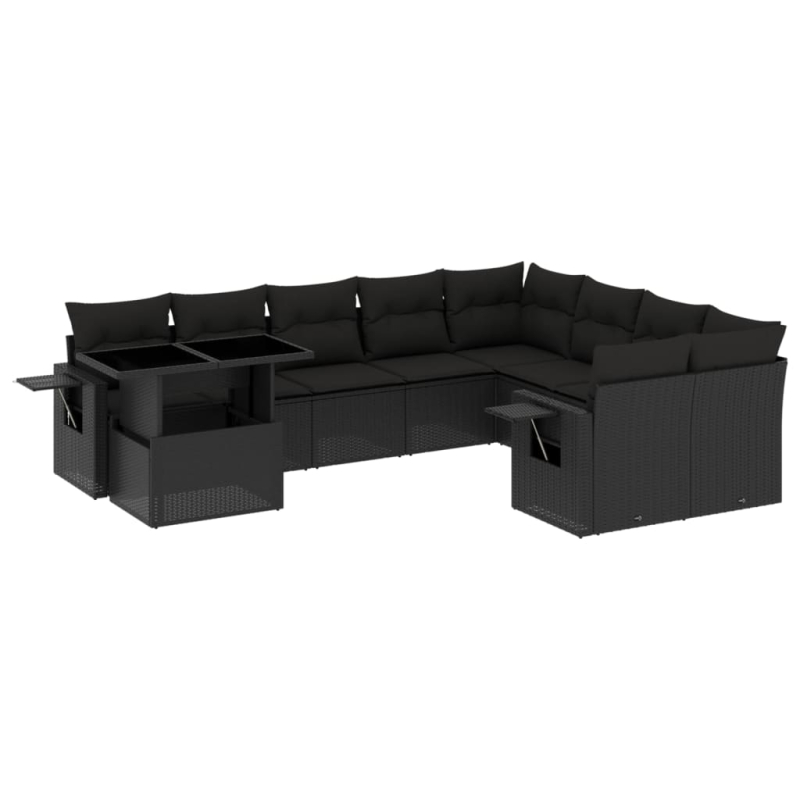 10-tlg. Garten-Sofagarnitur mit Kissen Schwarz Poly Rattan