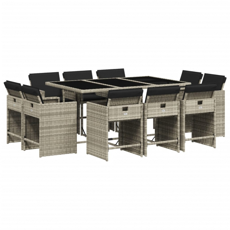 11-tlg. Garten-Essgruppe mit Kissen Hellgrau Poly Rattan