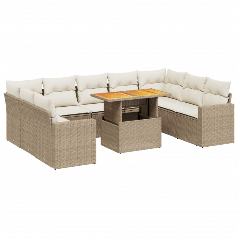 10-tlg. Garten-Sofagarnitur mit Kissen Beige Poly Rattan