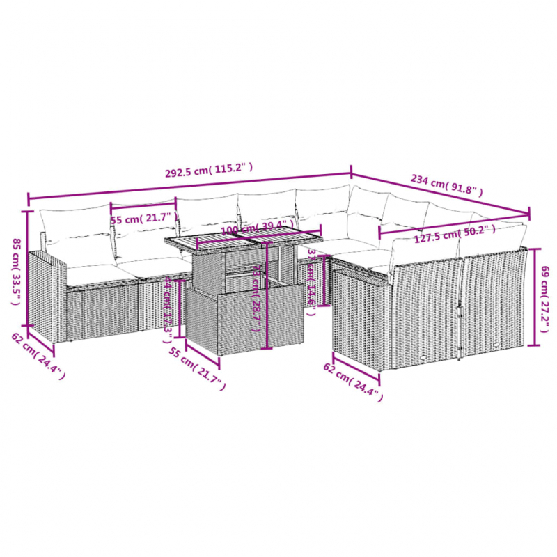 10-tlg. Garten-Sofagarnitur mit Kissen Grau Poly Rattan