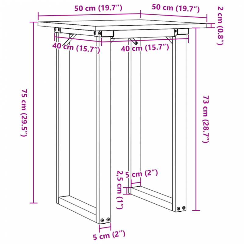 Esstisch O-Gestell 50x50x75 cm Massivholz Kiefer und Stahl