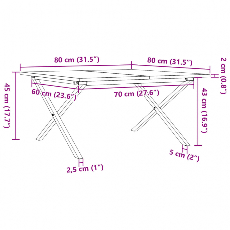 Couchtisch X-Gestell 80x80x45cm Massivholz Kiefer und Stahl