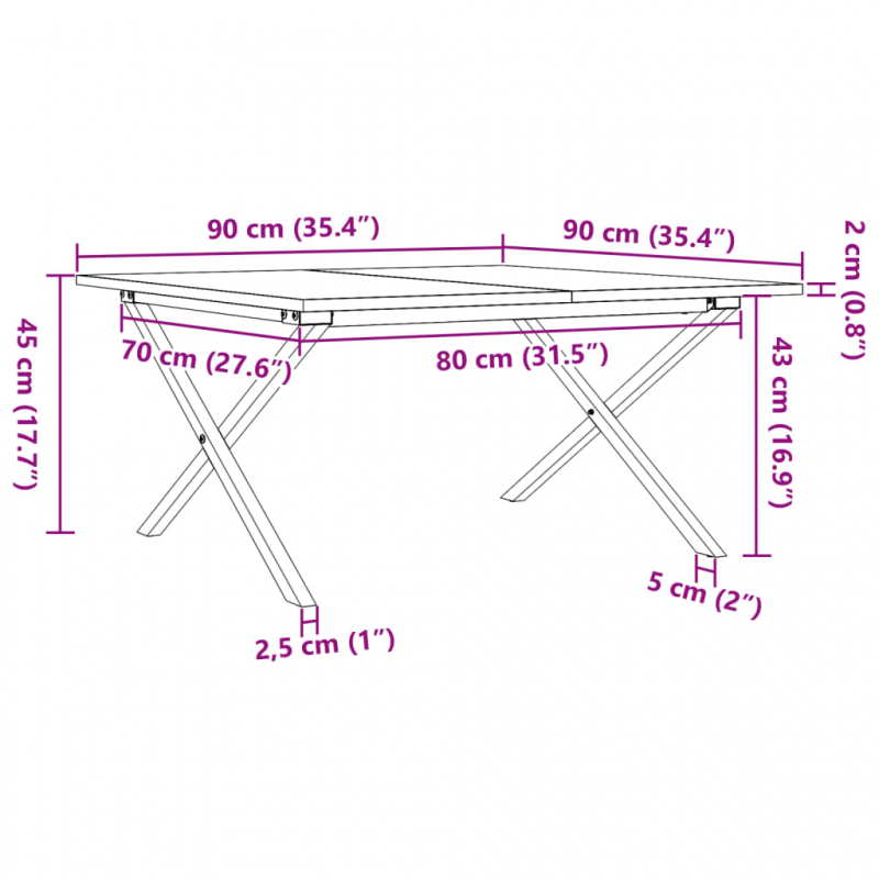 Couchtisch X-Gestell 90x90x45cm Massivholz Kiefer und Stahl