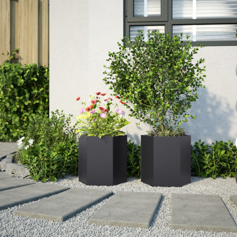 Garten-Pflanzgefäße 2 Stück Schwarz Sechseckig 46x40x45 Stahl