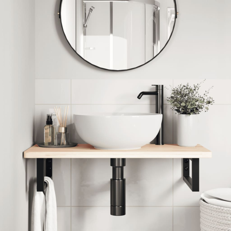 Waschtischplatte mit Halterung Stahl und Massivholz Eiche