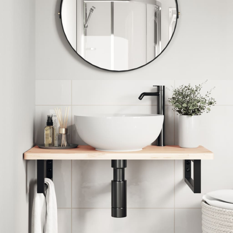 Waschbeckenregal Wandmontage Stahl und Massivholz Buche