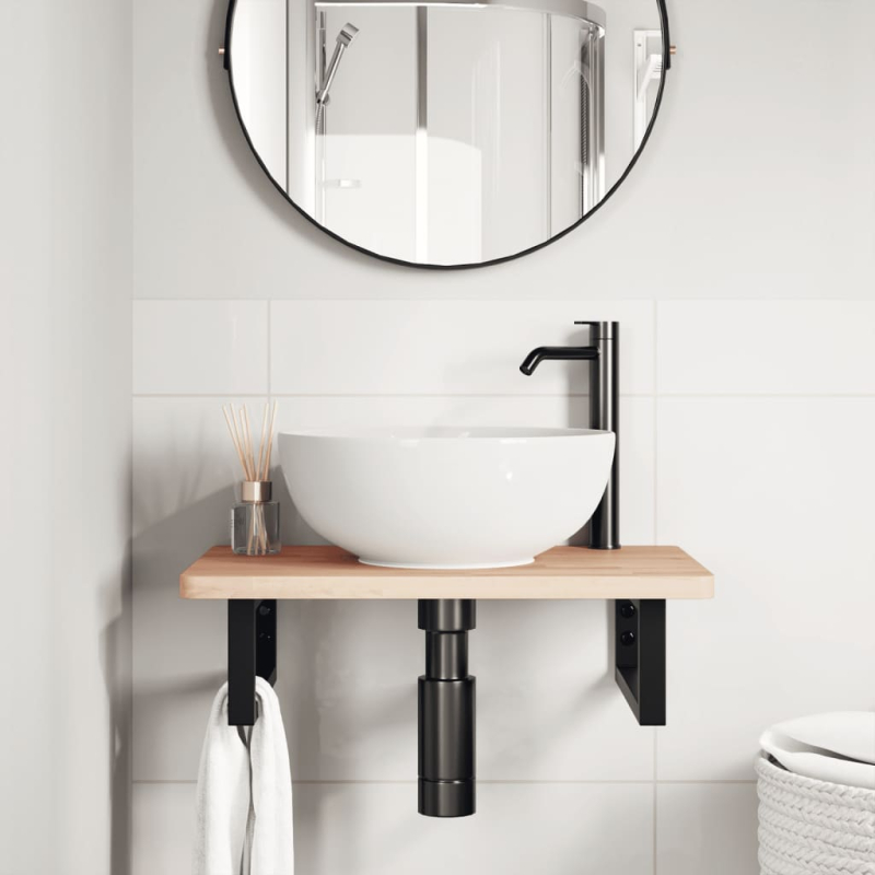 Waschbeckenregal Wandmontage Stahl und Massivholz Buche