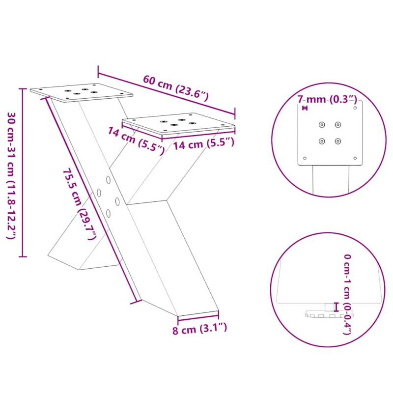 Couchtischbeine X-Form 2 Stk. Naturstahl 60x(30-31) cm Stahl