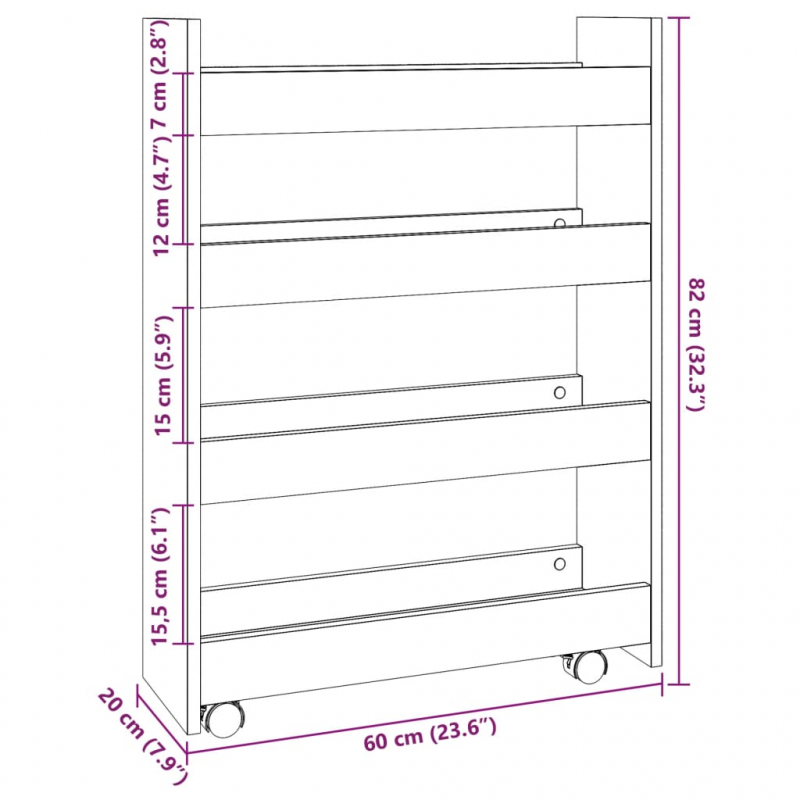 Aufbewahrungswagen Schmal 4 Etagen Eichen-Optik Holzwerkstoff