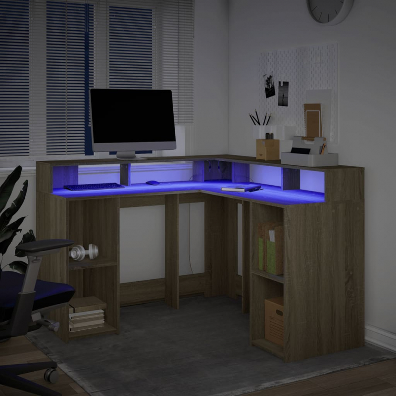 LED-Schreibtisch Sonoma-Eiche 130x130x91 cm Holzwerkstoff