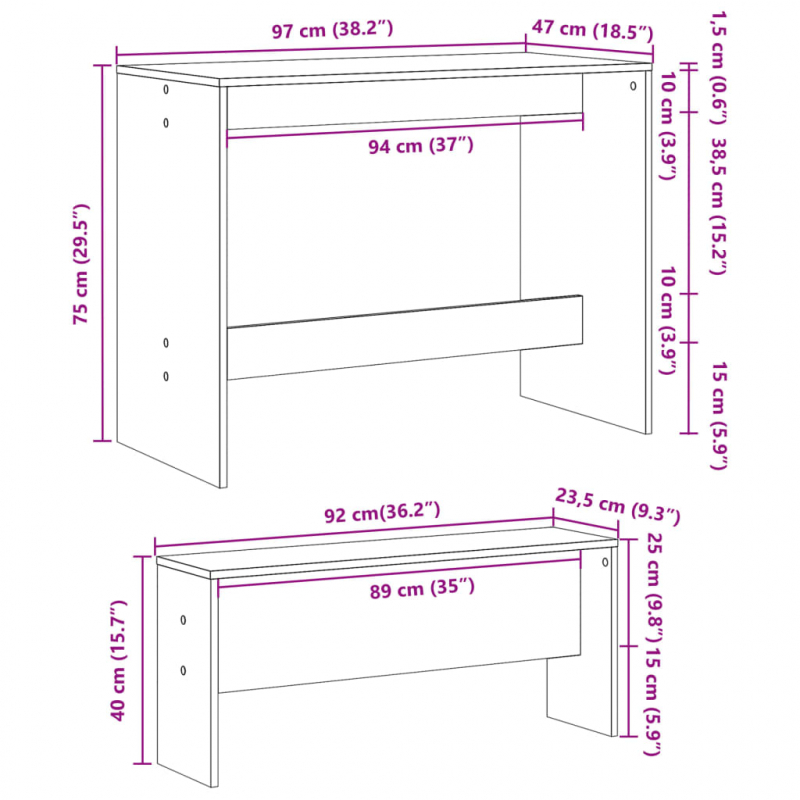 3-tlg. Esstisch und Bank Set Räuchereiche Holzwerkstoff