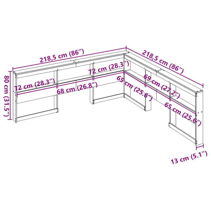Kopfteil mit Bücherregal L-Form Wachsbraun 200 cm Massivholz