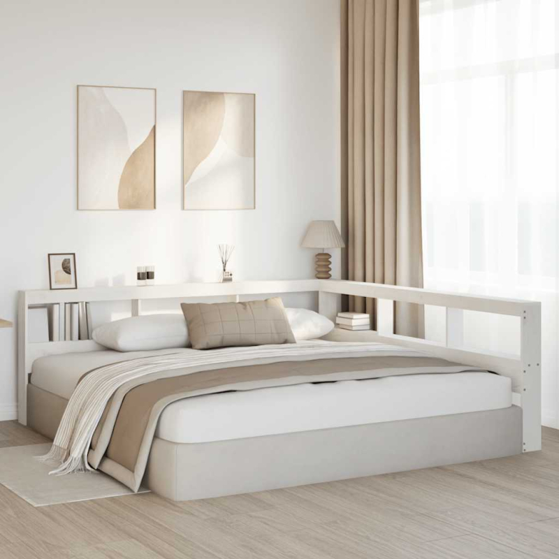 Kopfteil mit Bücherregal L-Form Weiß 180 cm Massivholz Kiefer