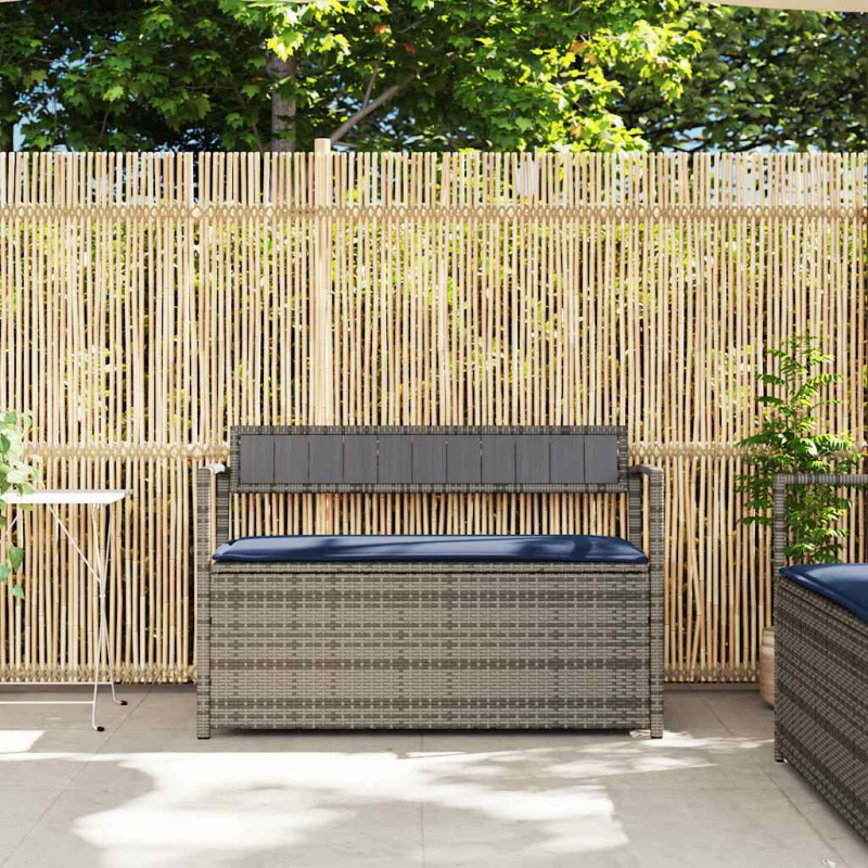 Gartenbank mit Stauraum und Kissen Grau Poly Rattan