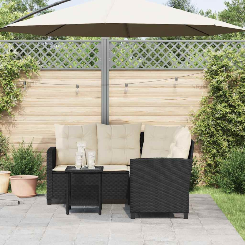 Gartensofa in L-Form mit Tisch und Kissen Schwarz Poly Rattan