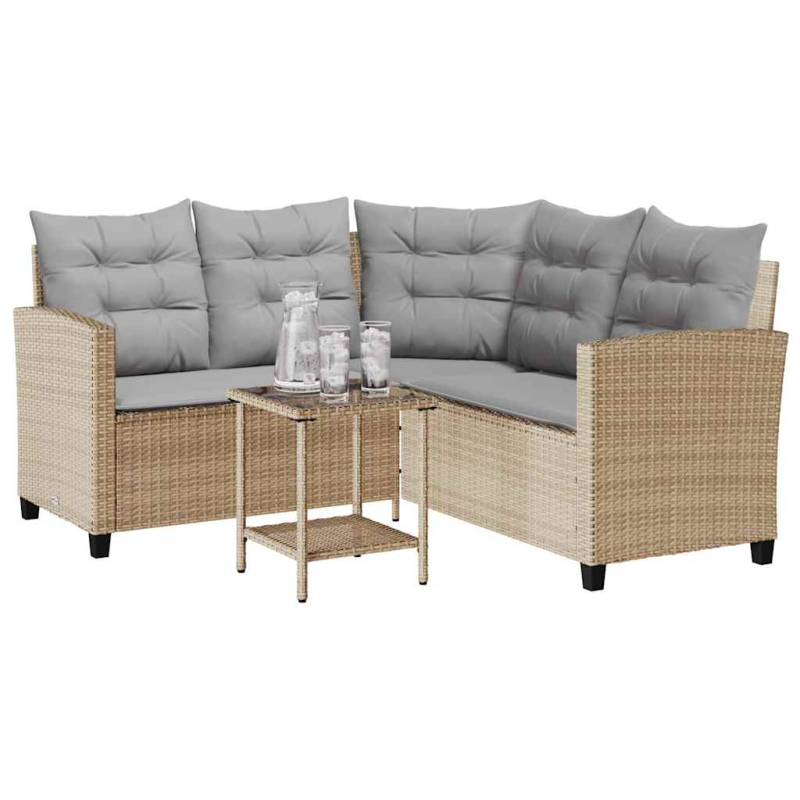 Gartensofa in L-Form mit Tisch und Kissen Beige Poly Rattan