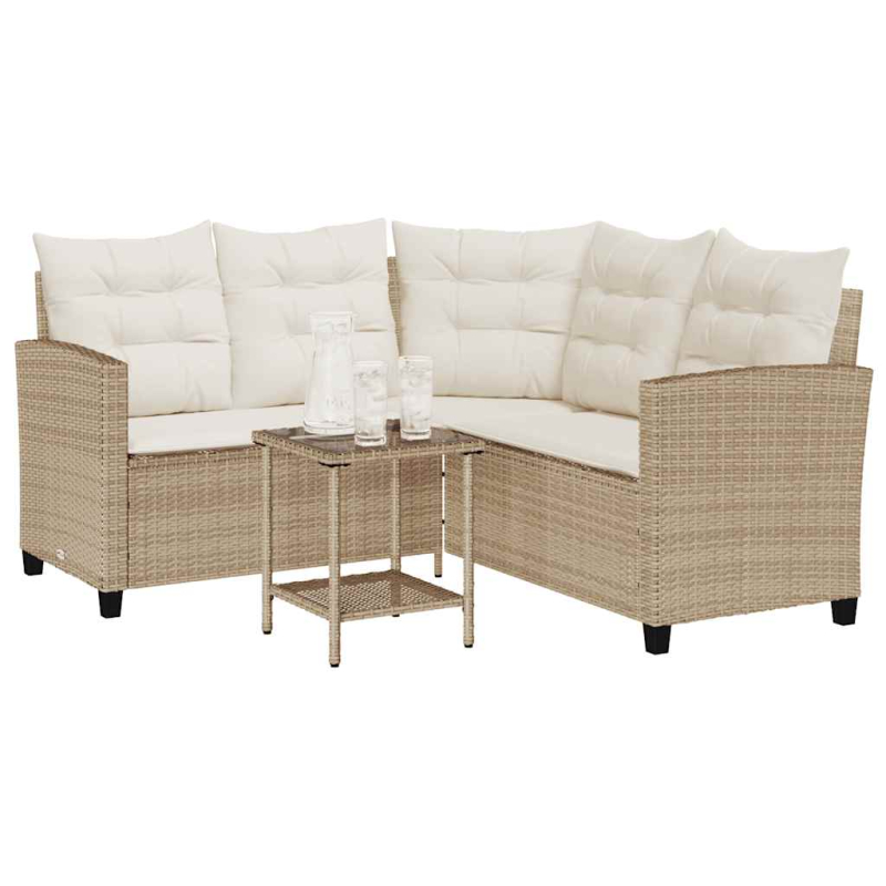 Gartensofa in L-Form mit Tisch und Kissen Beige Poly Rattan