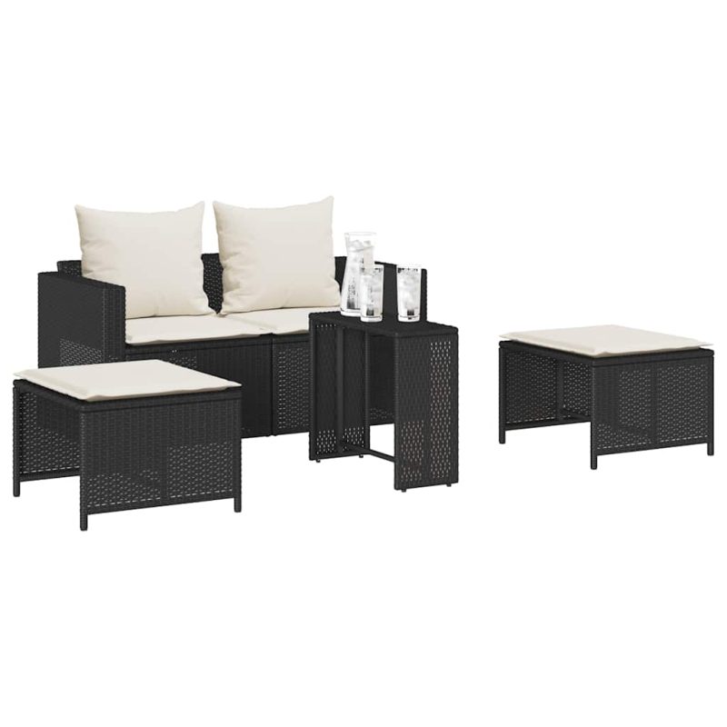 5-tlg. Garten-Sofagarnitur Kissen Stapelbar Schwarz Poly Rattan
