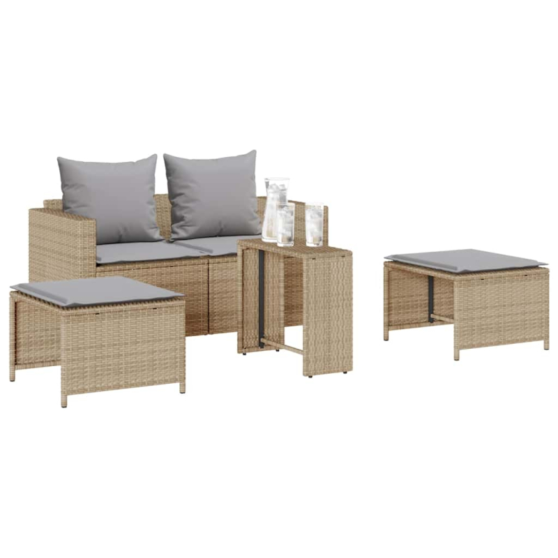 5-tlg. Garten-Sofagarnitur Kissen Stapelbar Beige Poly Rattan