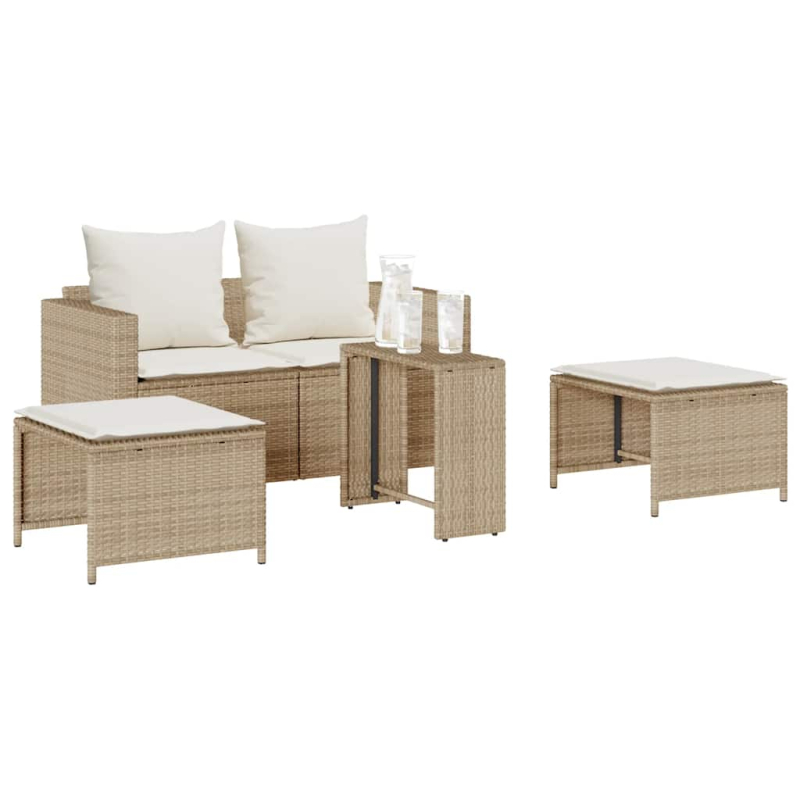5-tlg. Garten-Sofagarnitur Kissen Stapelbar Beige Poly Rattan