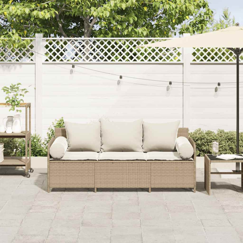 Gartensofa mit Kissen 3-Sitzer Beige Poly Rattan